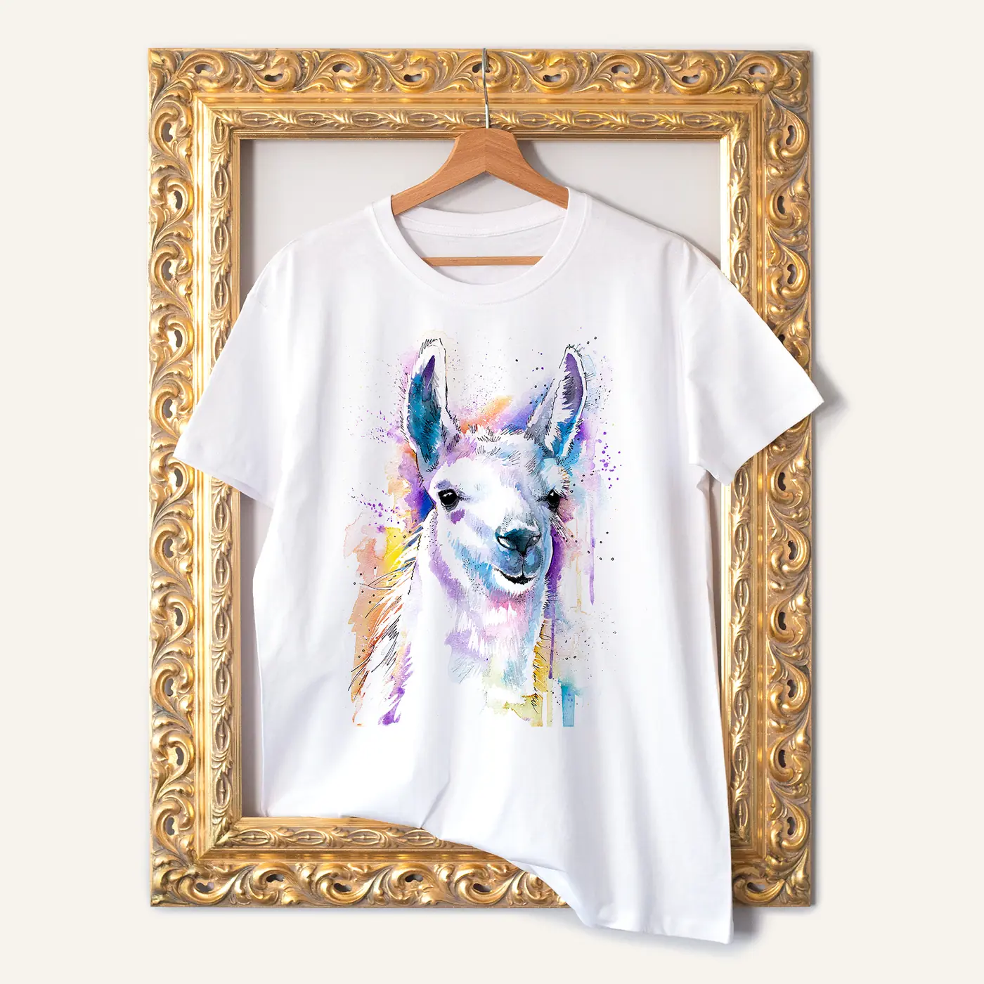 White t-shirt with a watercolour llama print