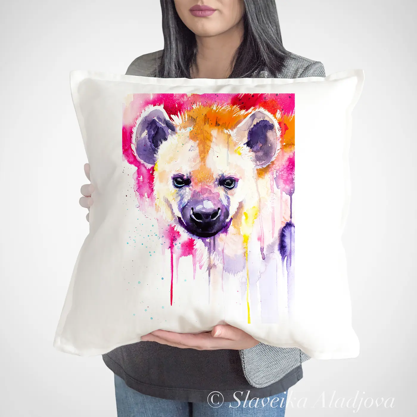 Cushion with a watercolour hyena print