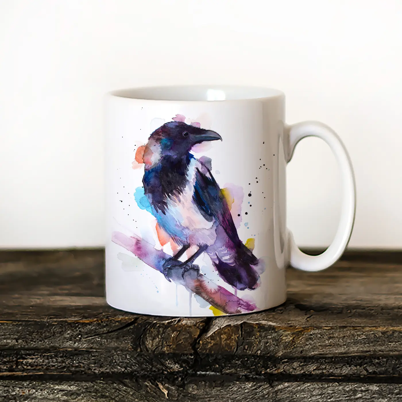 Ceramic mug with a watercolour hooded crow print