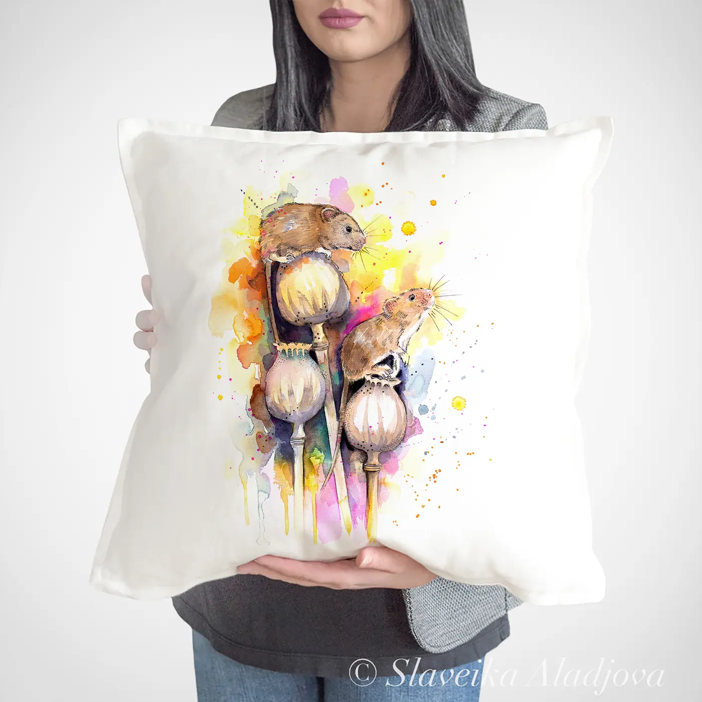 Cushion with a watercolour mice print