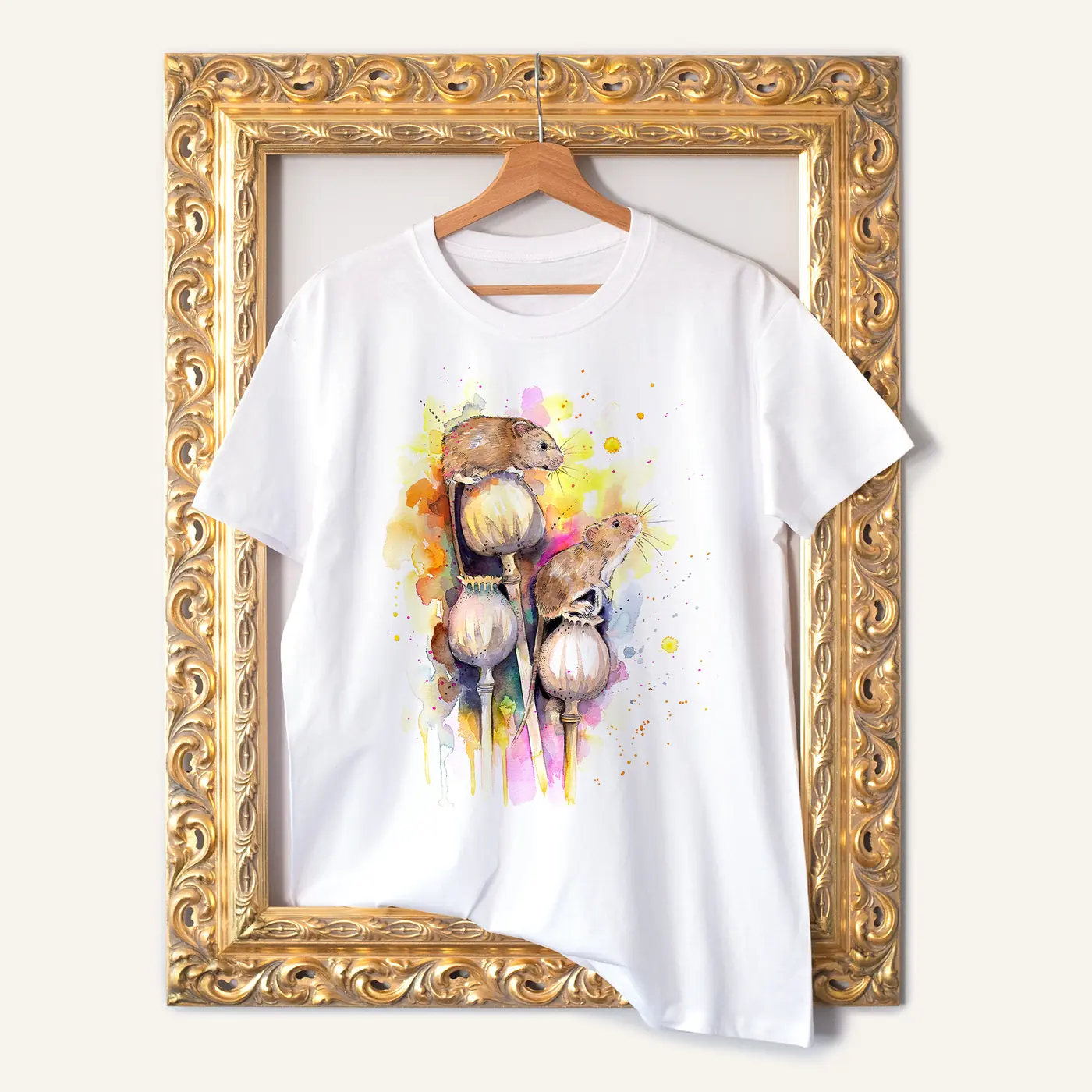 White t-shirt with a watercolour mice print
