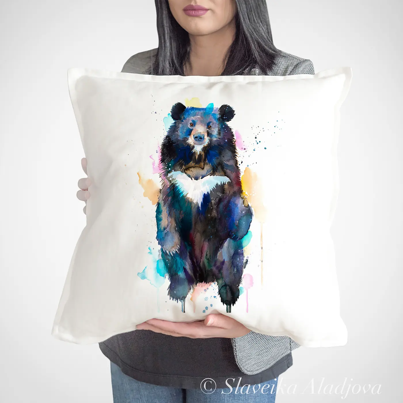Cushion with a watercolour asian black bear print