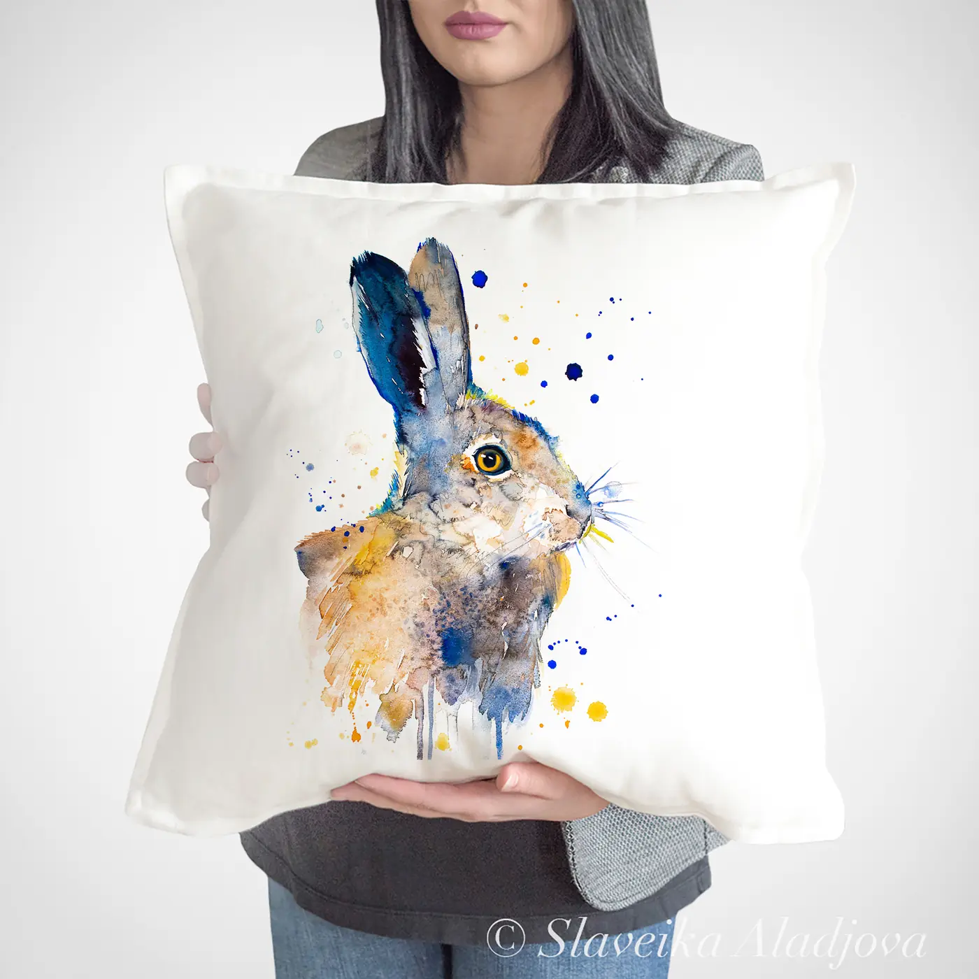 Cushion with a watercolour hare print