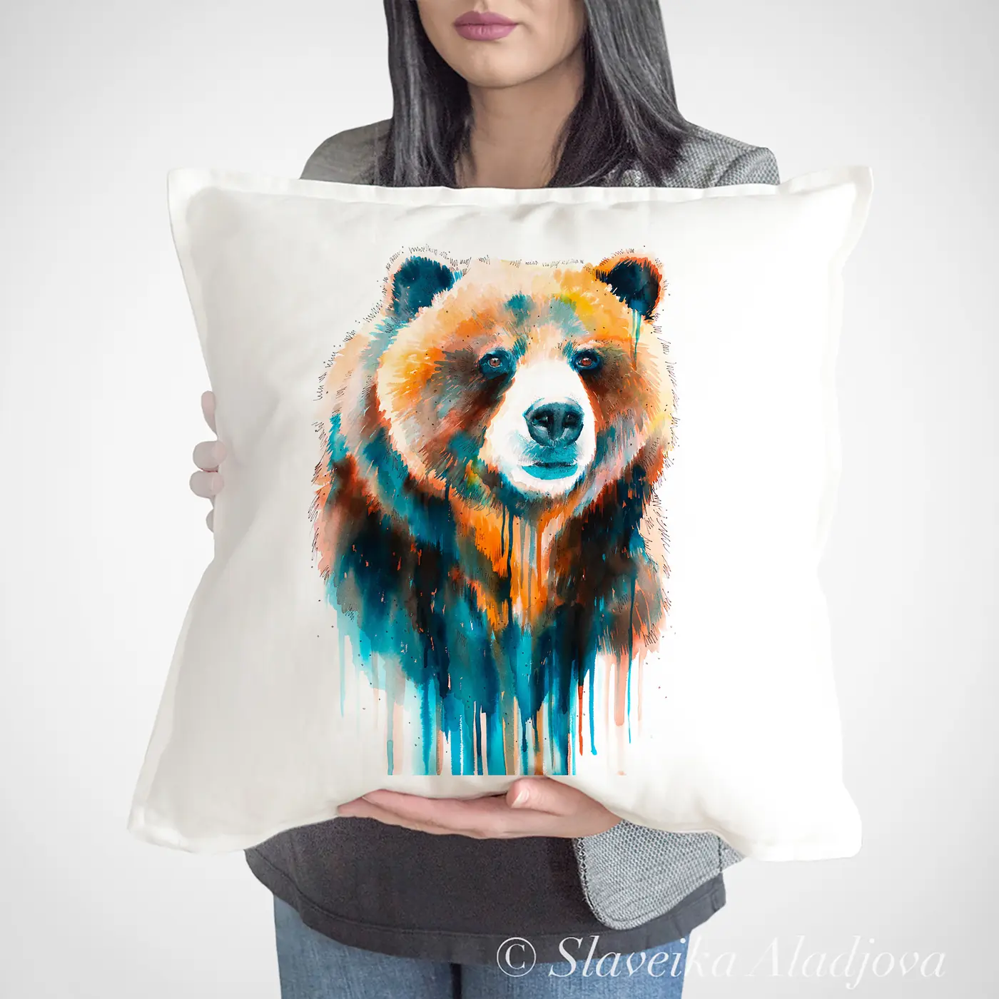 Cushion with a watercolour grizzly bear print