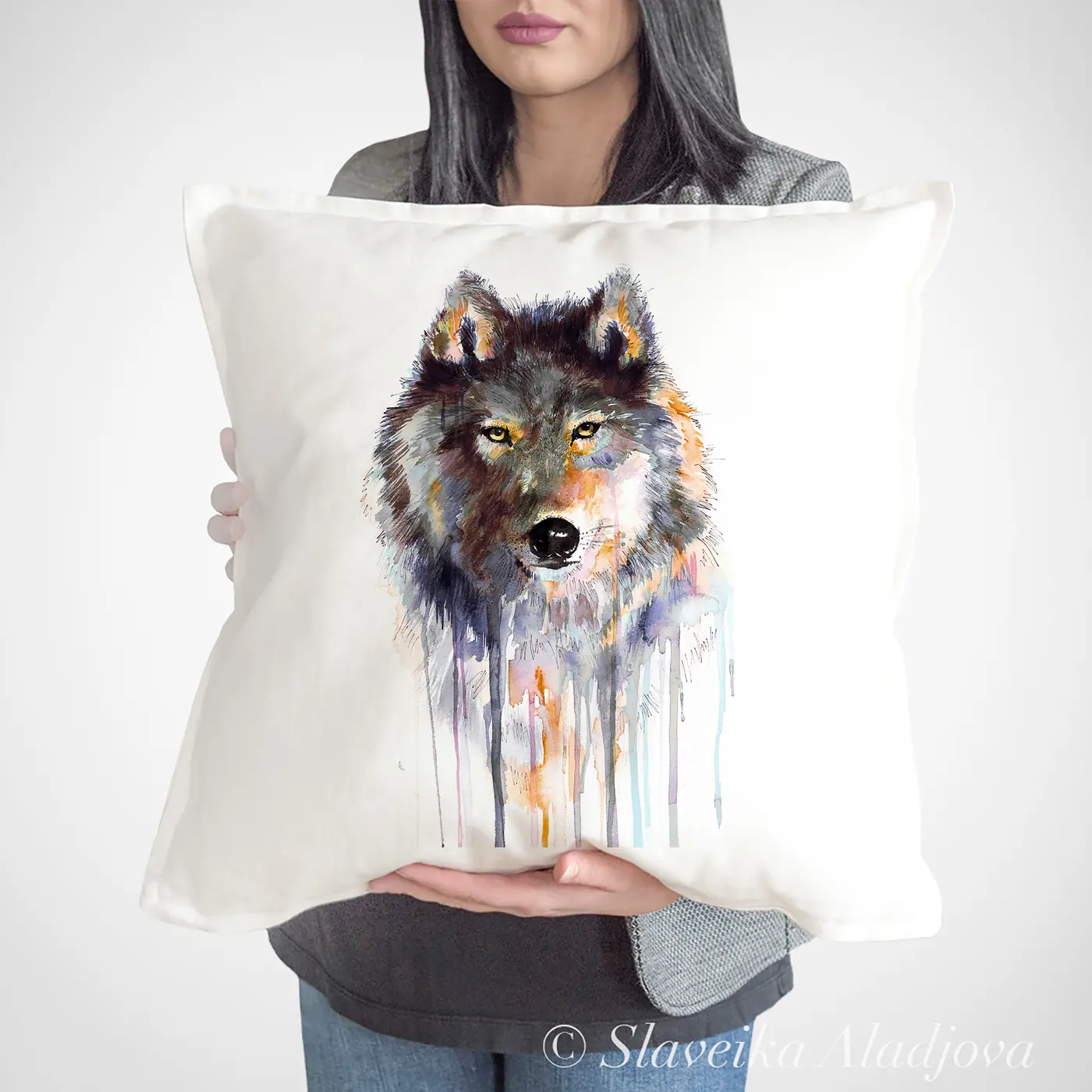 Cushion with a watercolour wolf print