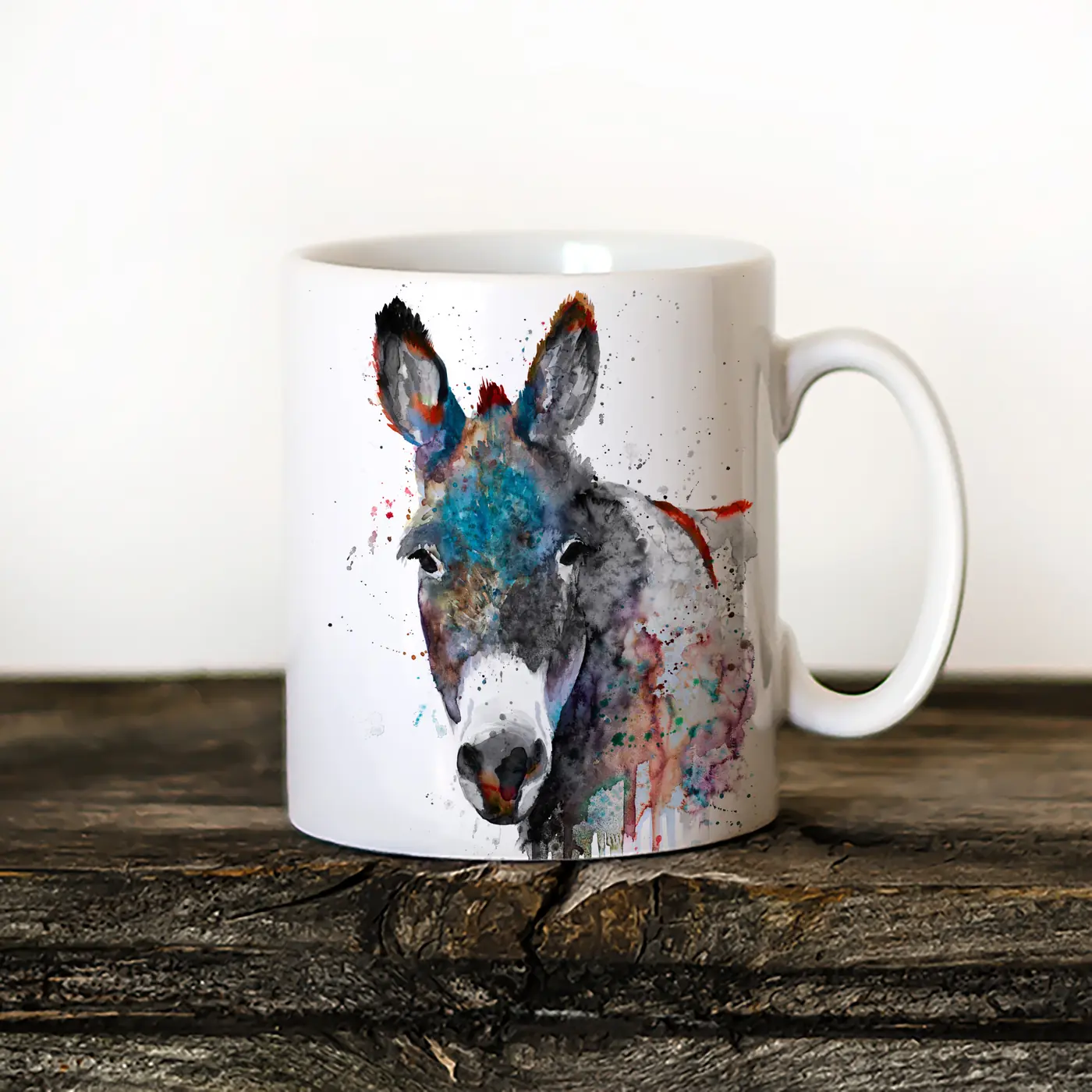 Ceramic mug with a watercolour donkey print