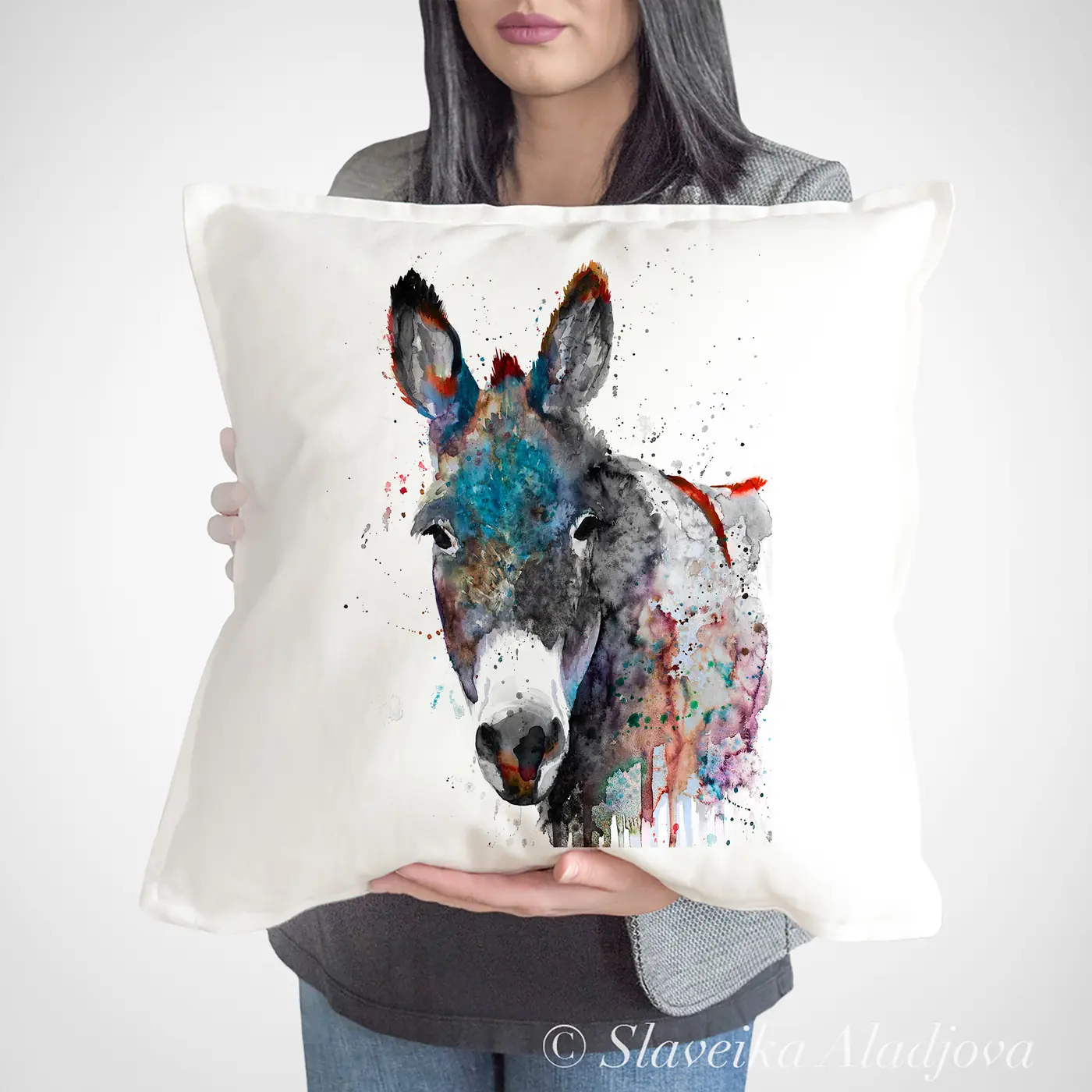 Cushion with a watercolour donkey print