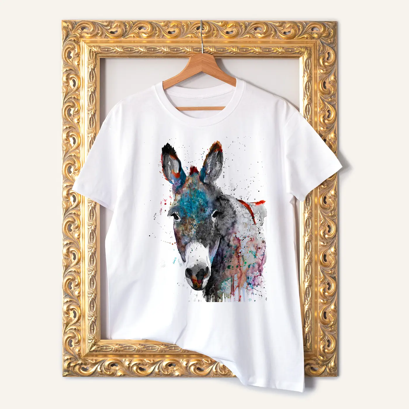 White t-shirt with a watercolour donkey print