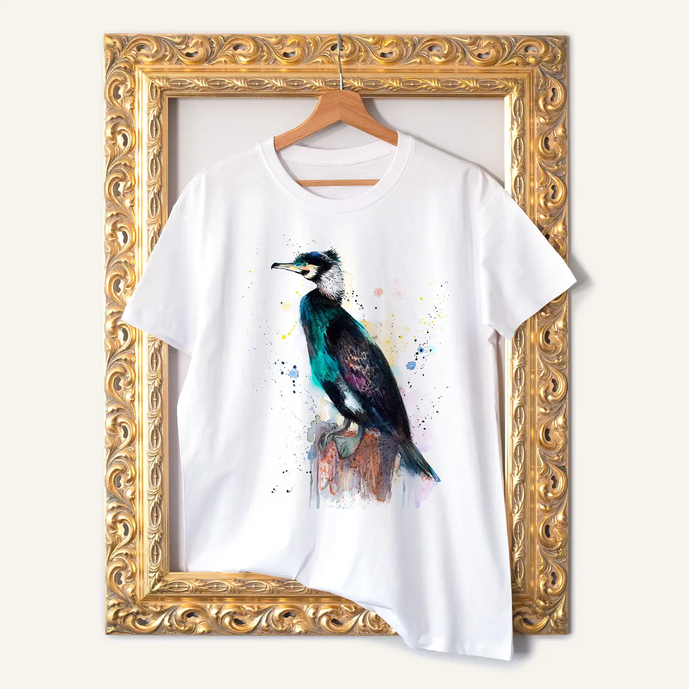 White t-shirt with a watercolour cormorant print