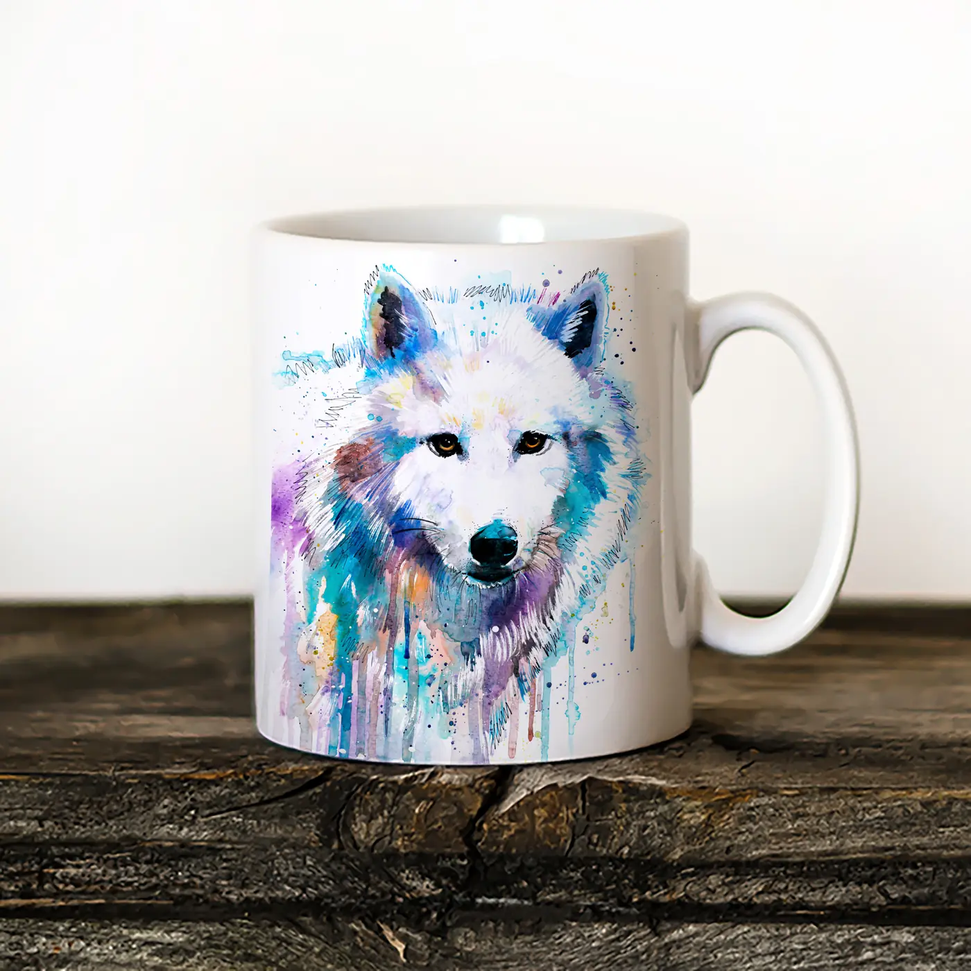 Ceramic mug with a watercolour arctic wolf print