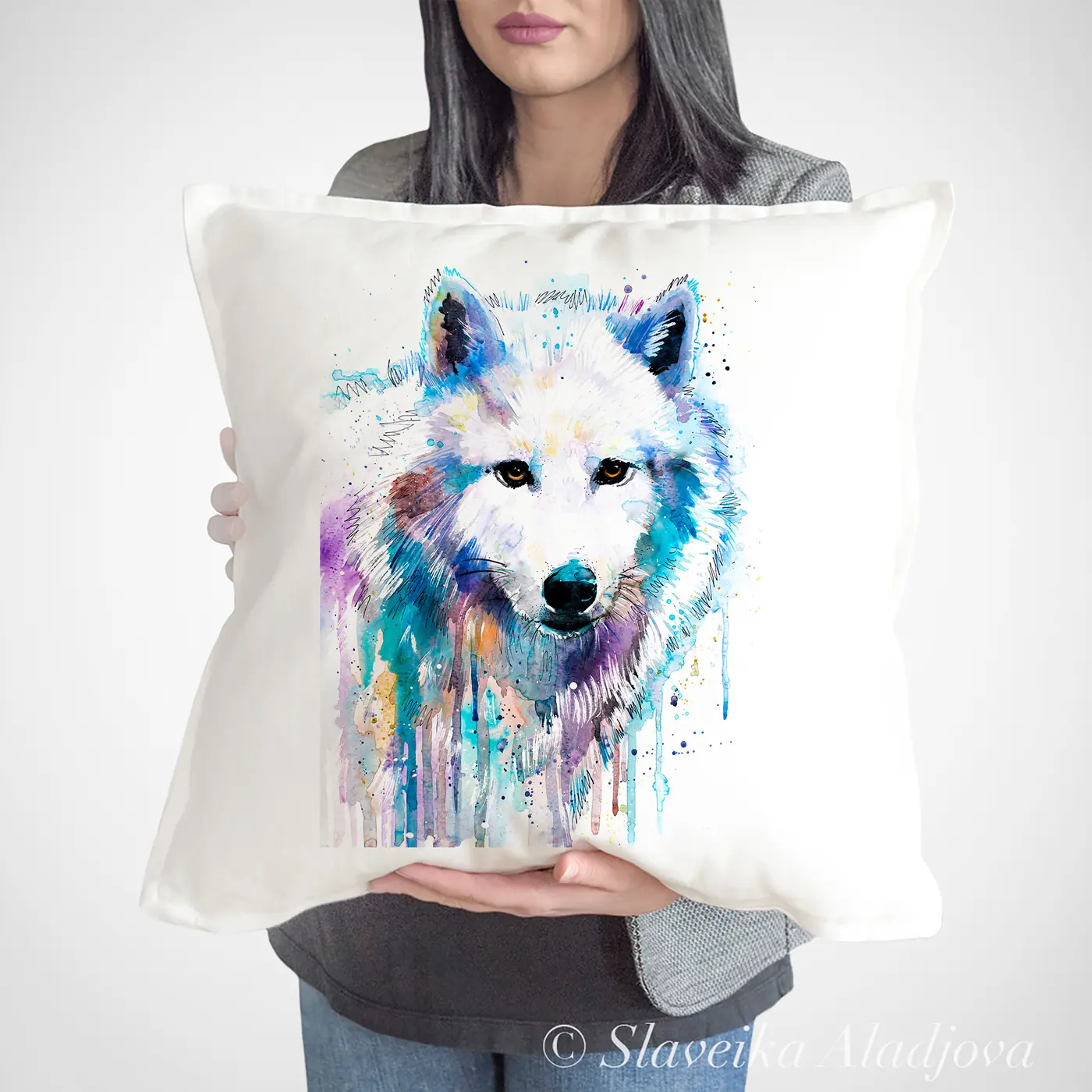 Cushion with a watercolour arctic wolf print