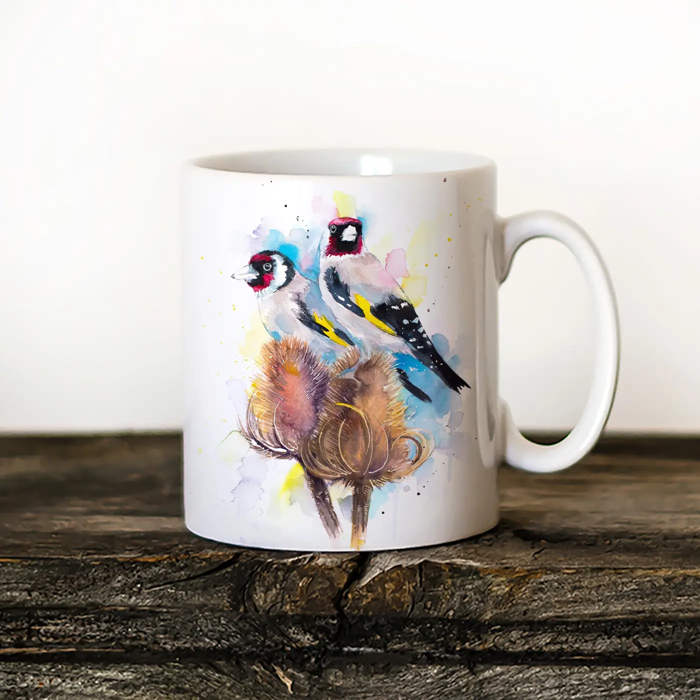 Ceramic mug with a watercolour goldfinch print
