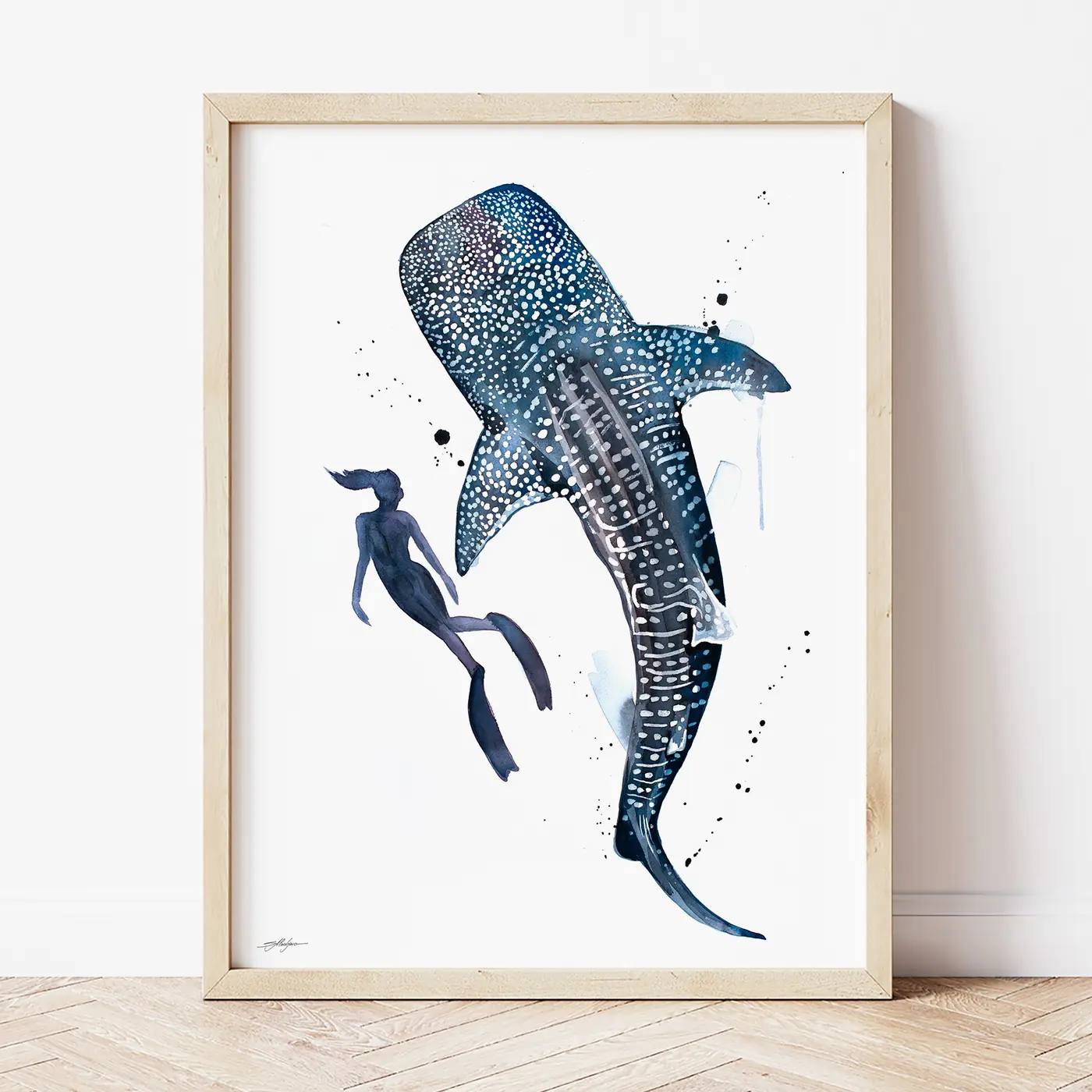Art print with a watercolour whale shark print