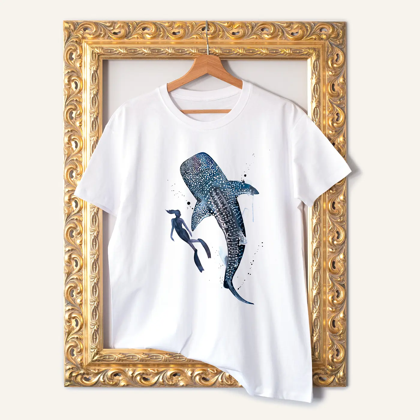 White t-shirt with a watercolour whale shark print