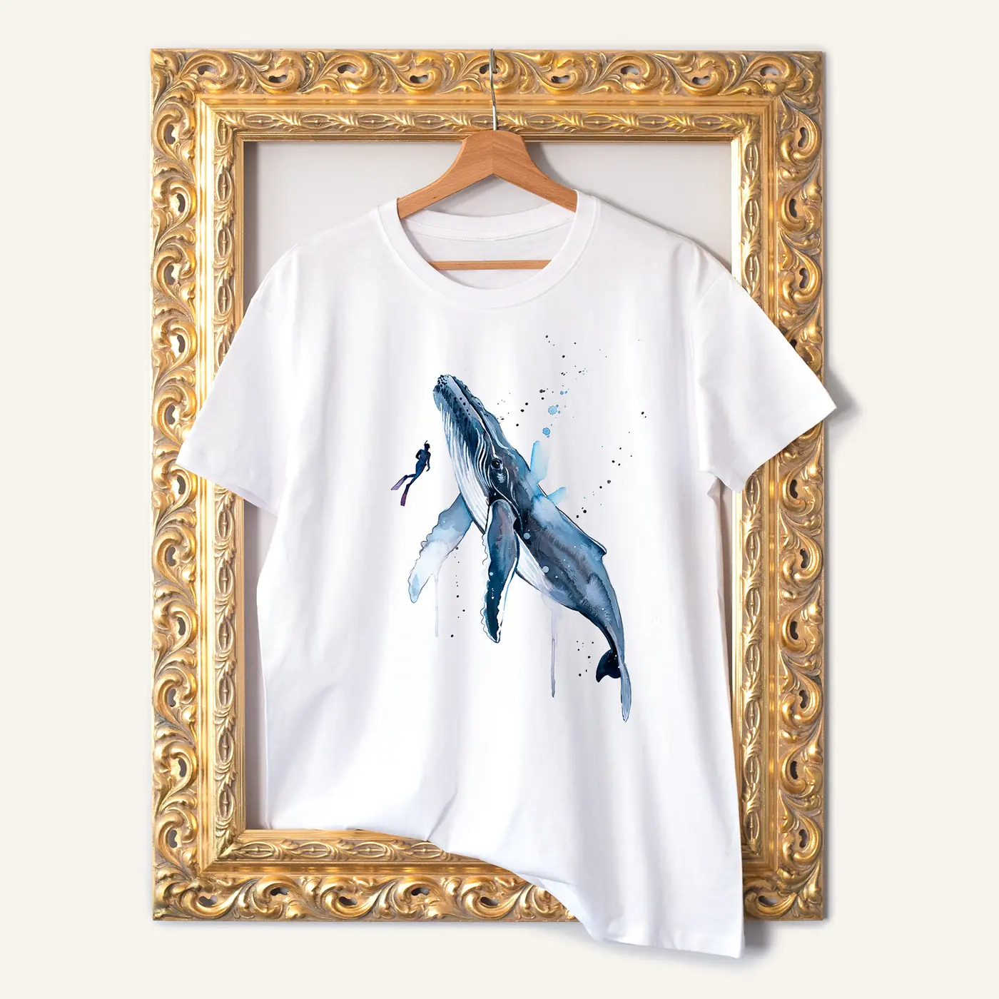 White t-shirt with a watercolour humpback whale print