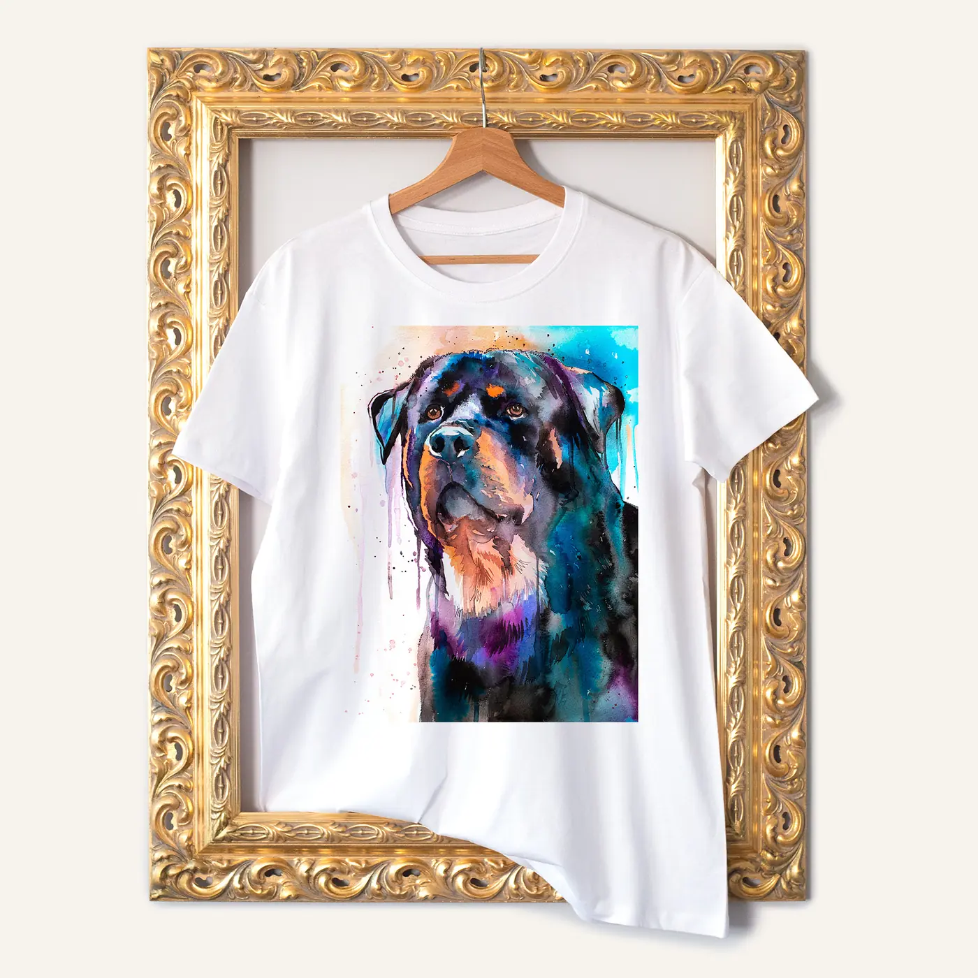 White t-shirt with a watercolour rottweiler print