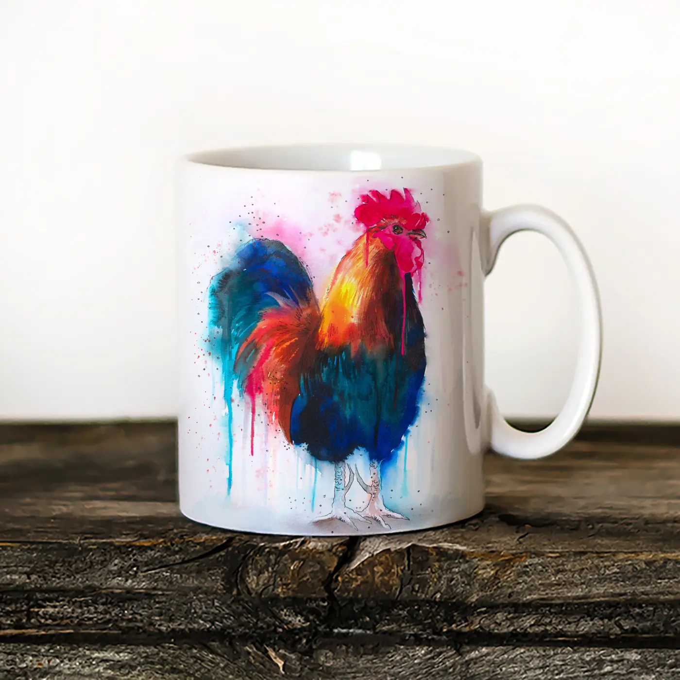 Ceramic mug with a watercolour colourful rooster print