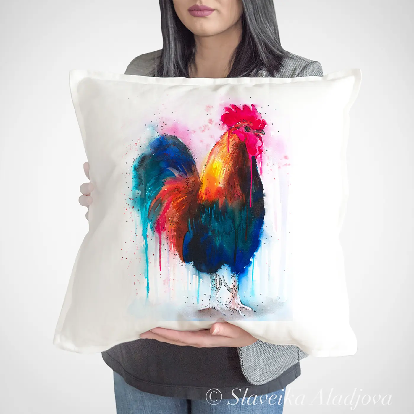 Cushion with a watercolour colourful rooster print