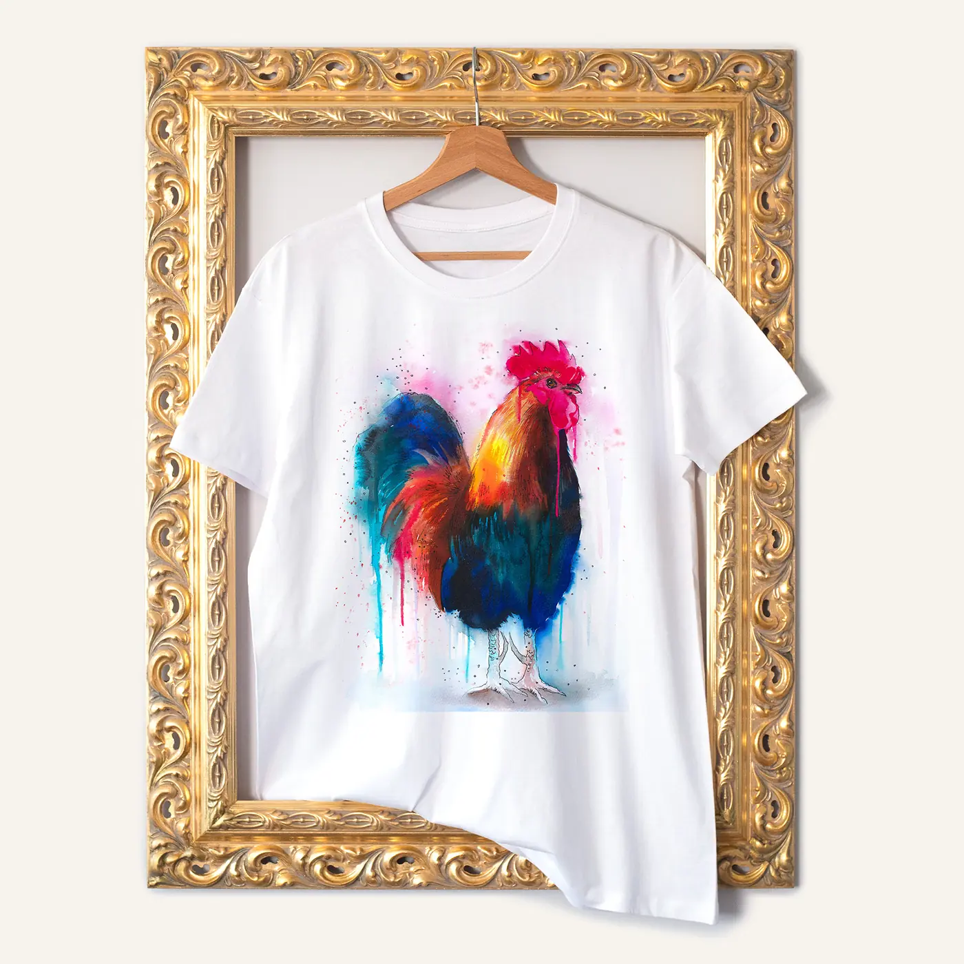 White t-shirt with a watercolour colourful rooster print