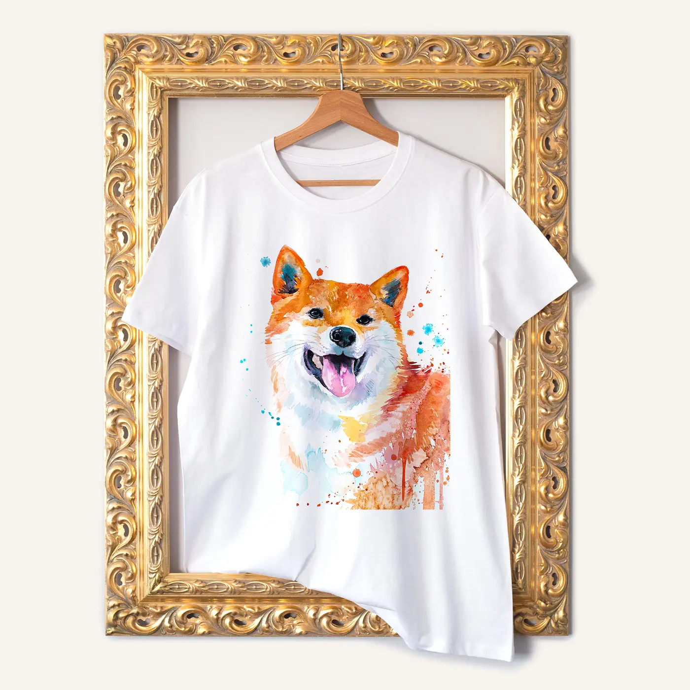 White t-shirt with a watercolour shiba inu print