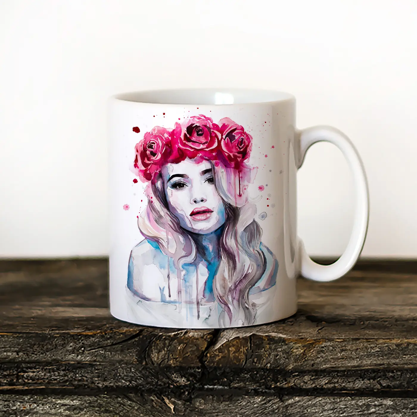Ceramic mug with a watercolour woman with a crown of roses print