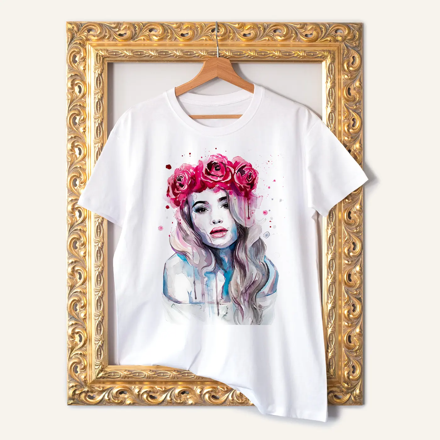White t-shirt with a watercolour woman with a crown of roses print