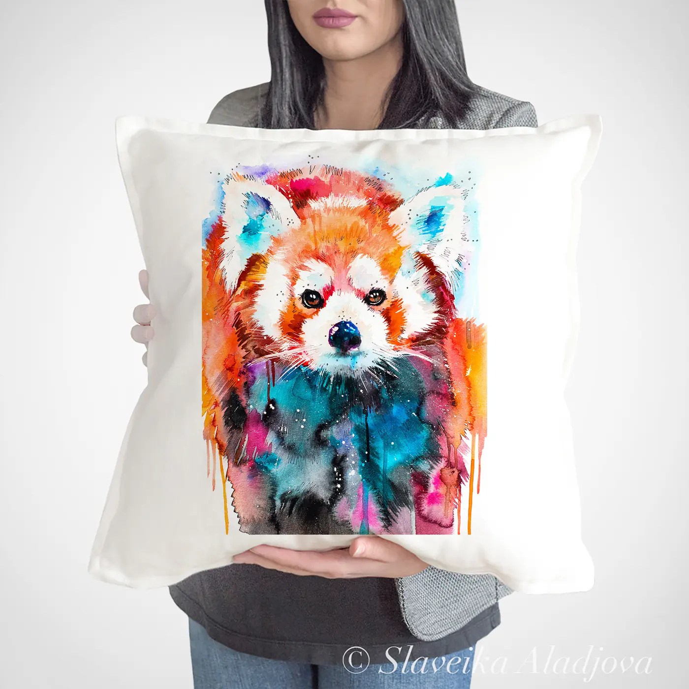 Cushion with a watercolour red panda print