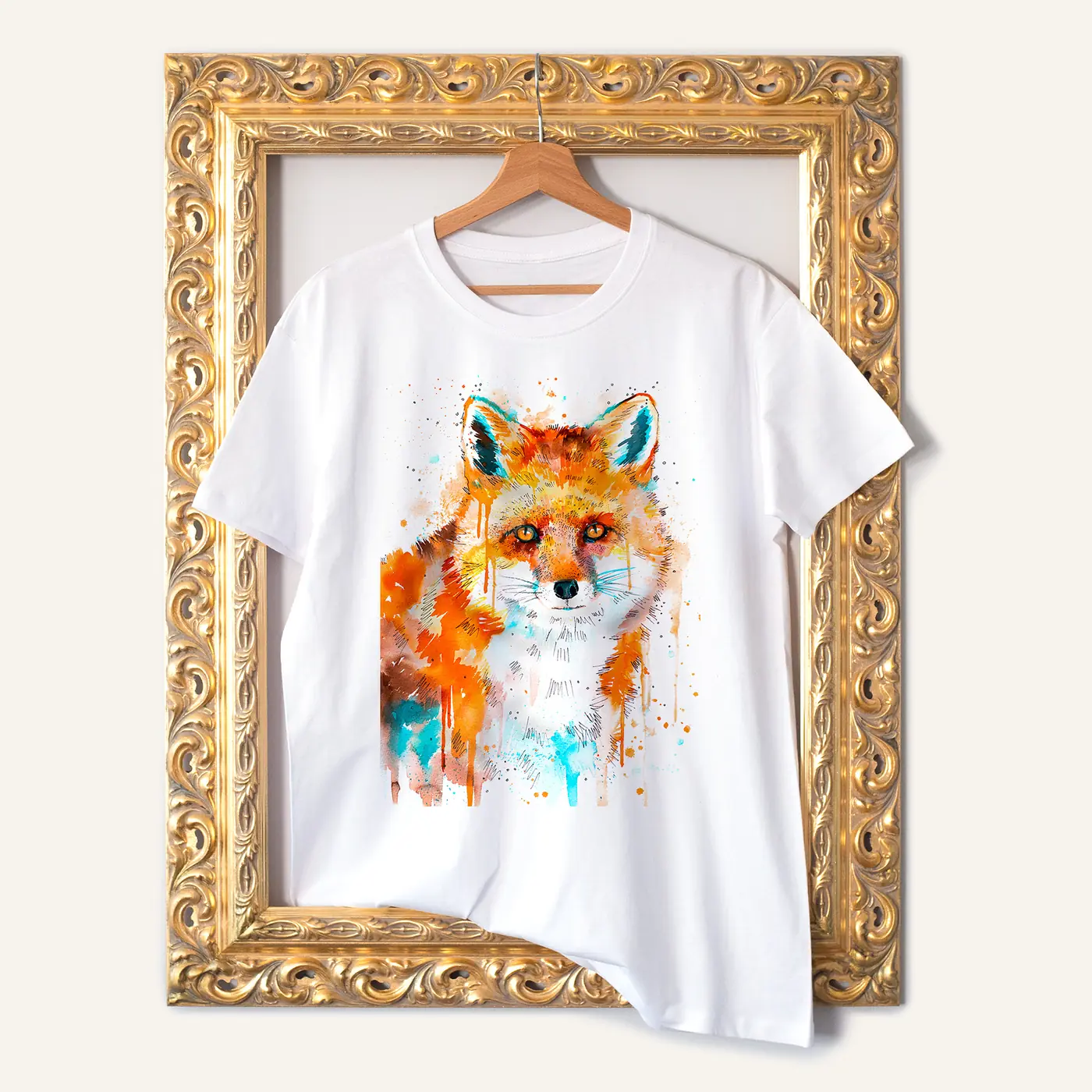 White t-shirt with a watercolour fox print