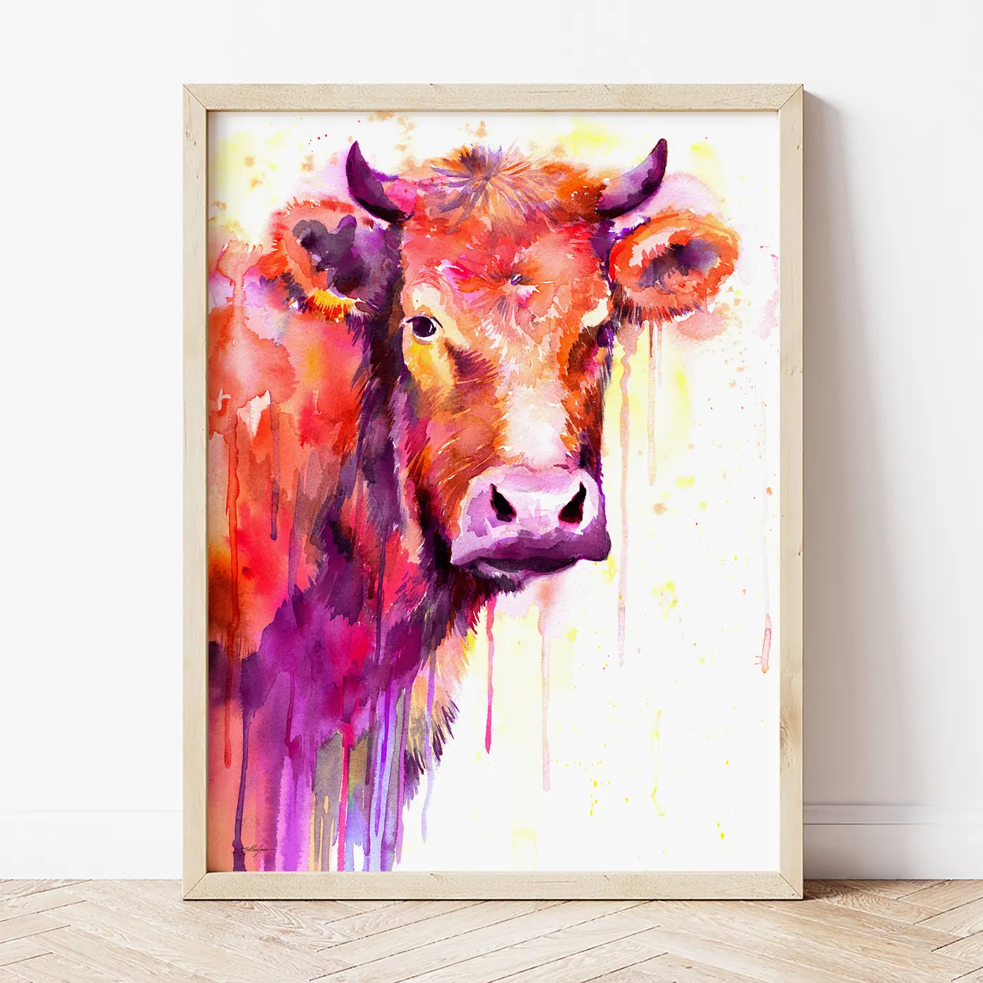 Art print with a watercolour red cow print