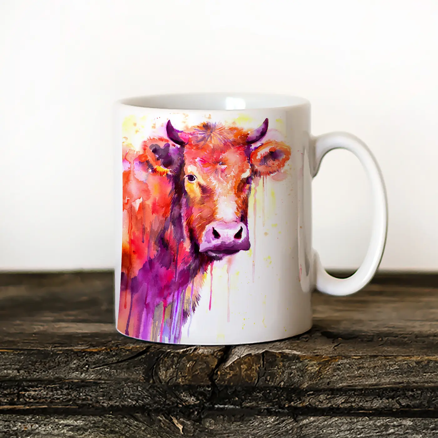 Ceramic mug with a watercolour red cow print