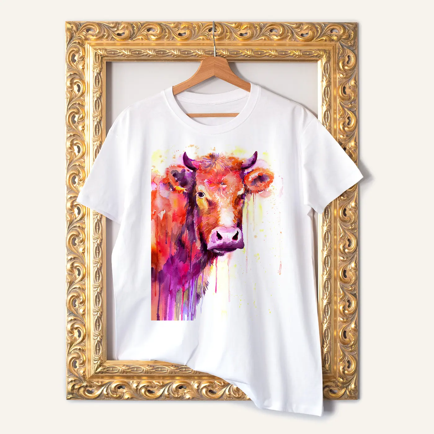 White t-shirt with a watercolour red cow print