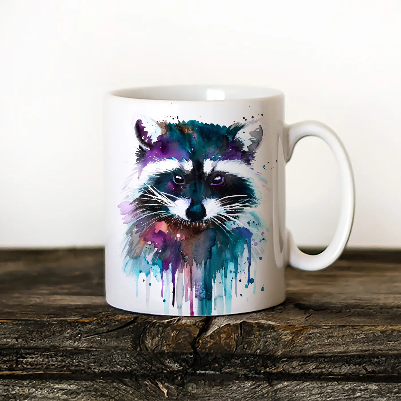Ceramic mug with a watercolour raccoon print