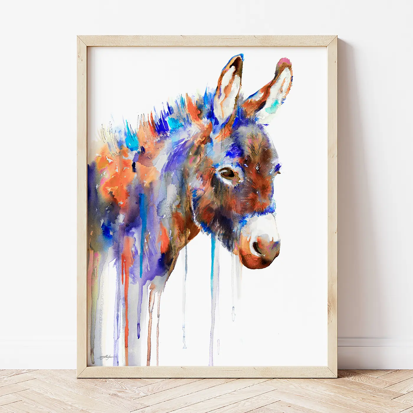 Art print with a watercolour colourful donkey print
