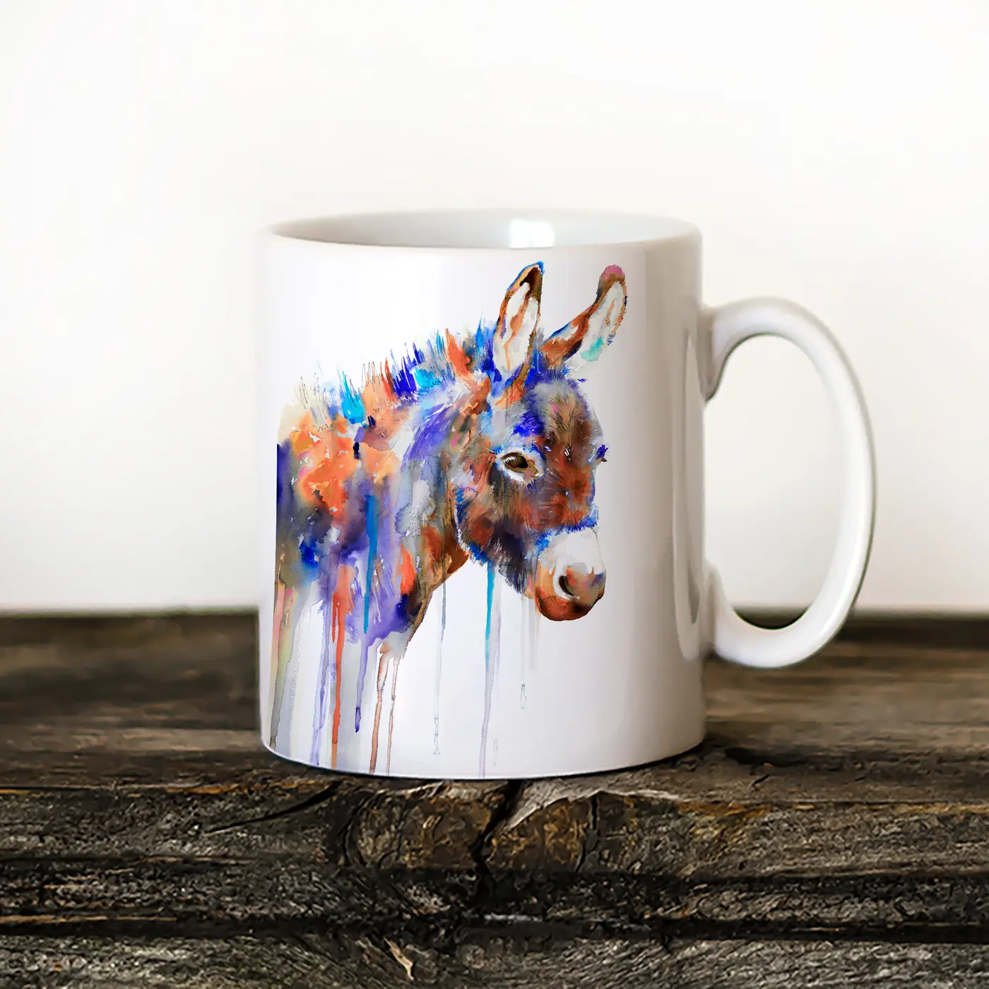 Ceramic mug with a watercolour colourful donkey print