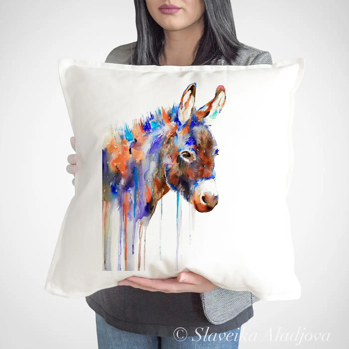 Cushion with a watercolour colourful donkey print