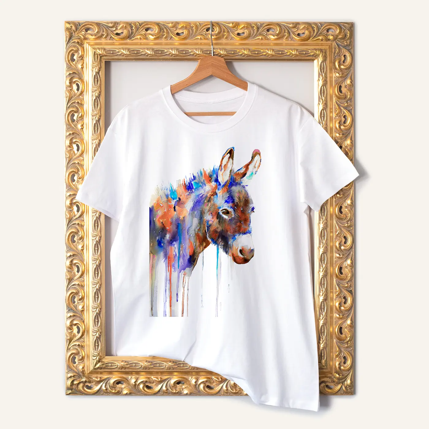 White t-shirt with a watercolour colourful donkey print