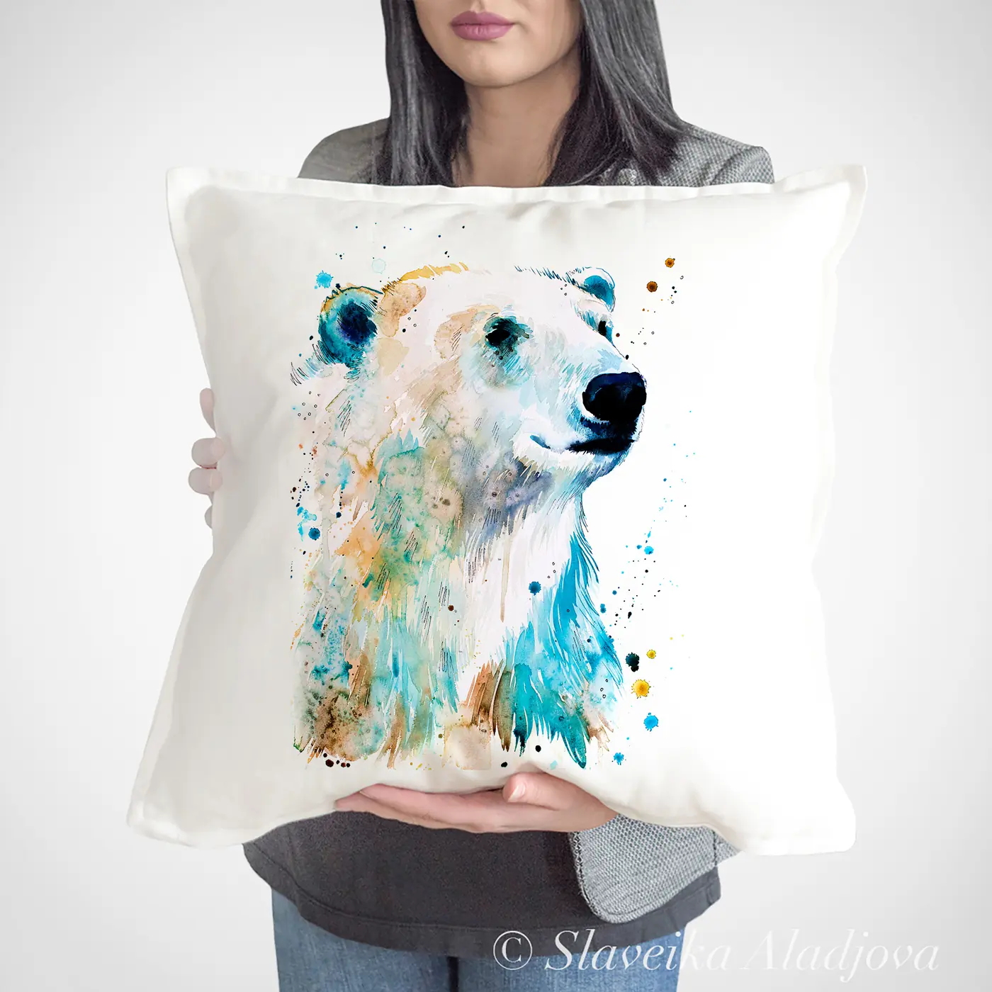 Cushion with a watercolour polar bear print
