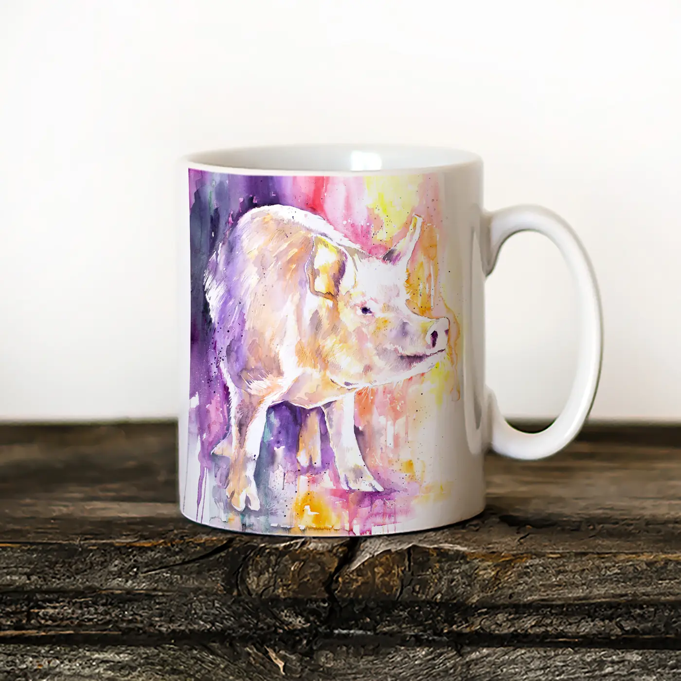 Ceramic mug with a watercolour pig print