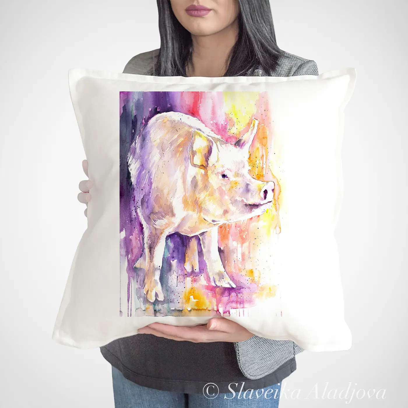 Cushion with a watercolour pig print