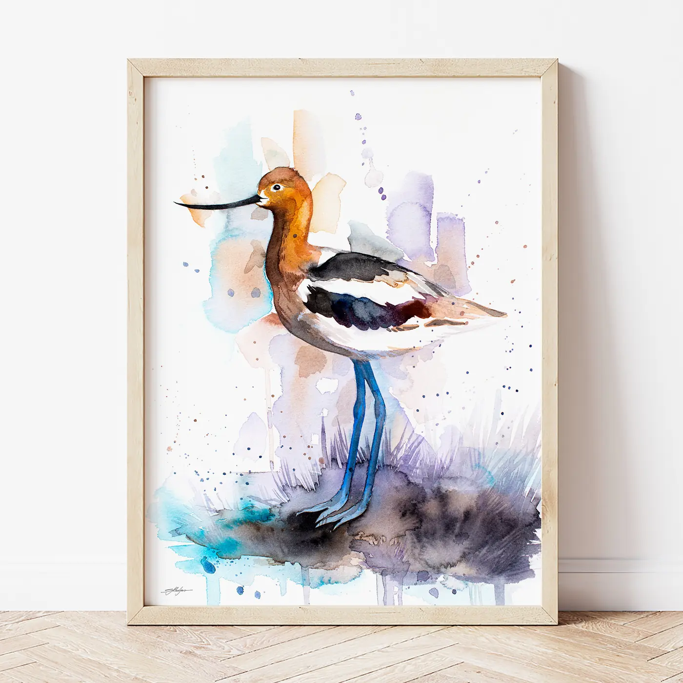Art print with a watercolour american avocet print