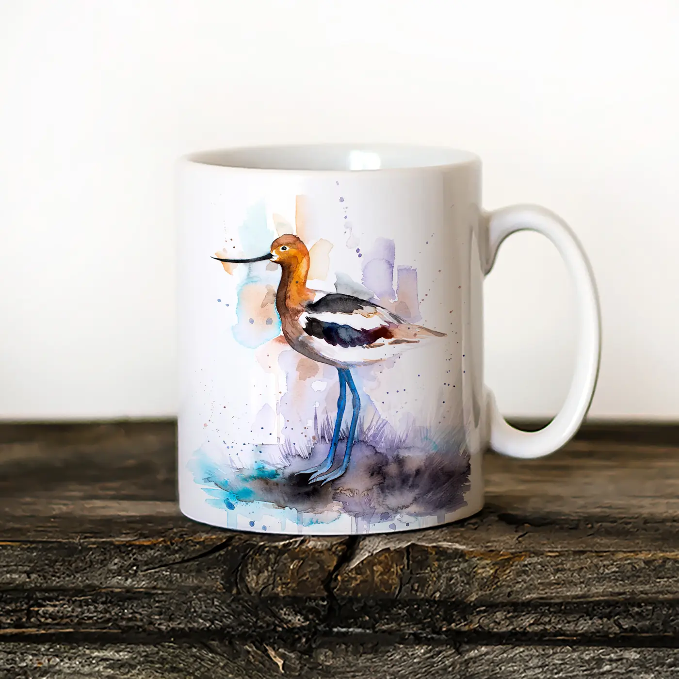 Ceramic mug with a watercolour american avocet print