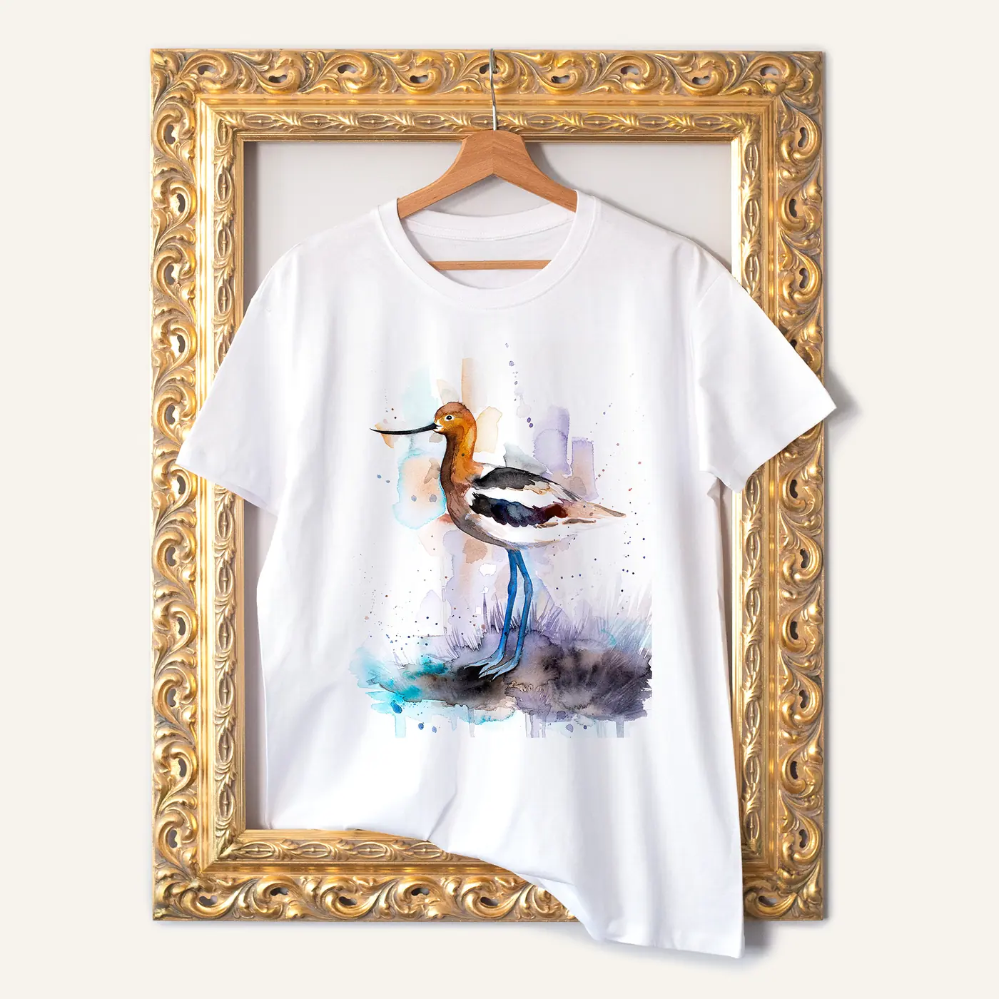 White t-shirt with a watercolour american avocet print