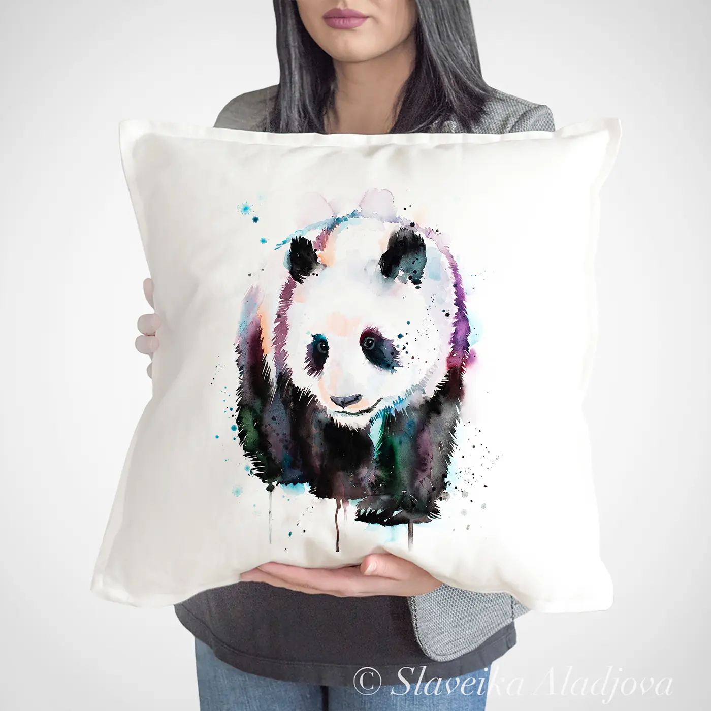Cushion with a watercolour panda print