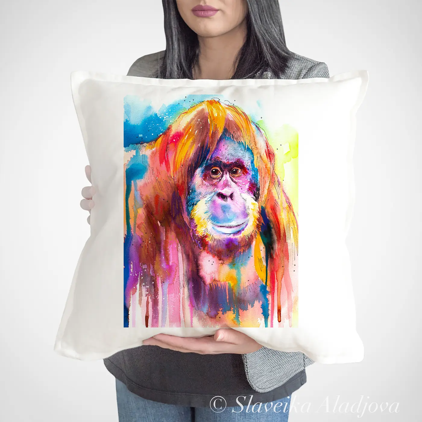 Cushion with a watercolour orangutan print