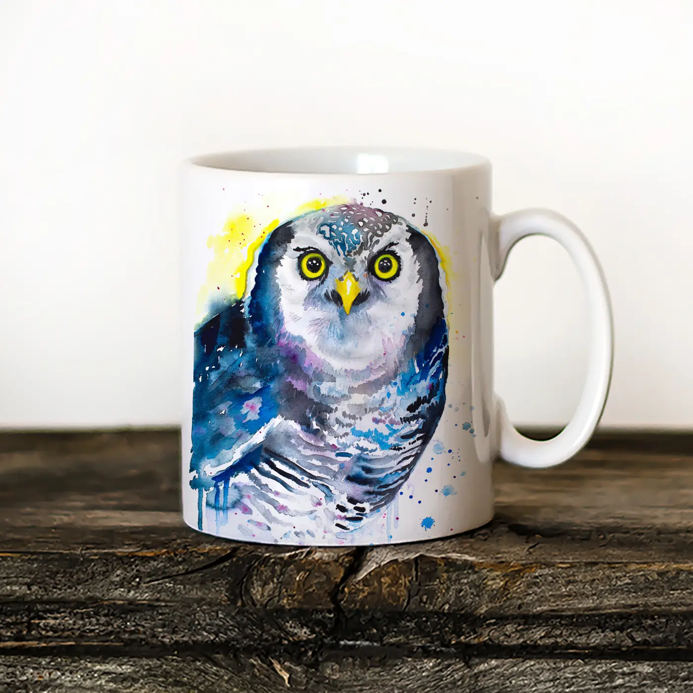 Ceramic mug with a watercolour hawk owl print