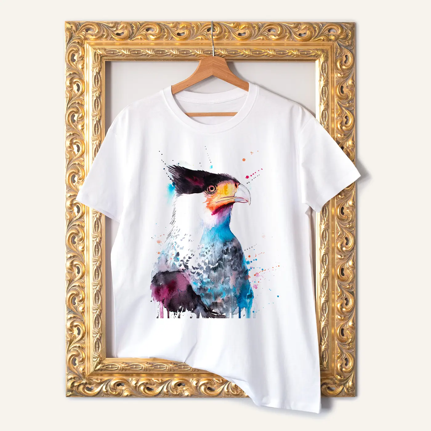 White t-shirt with a watercolour caracara print