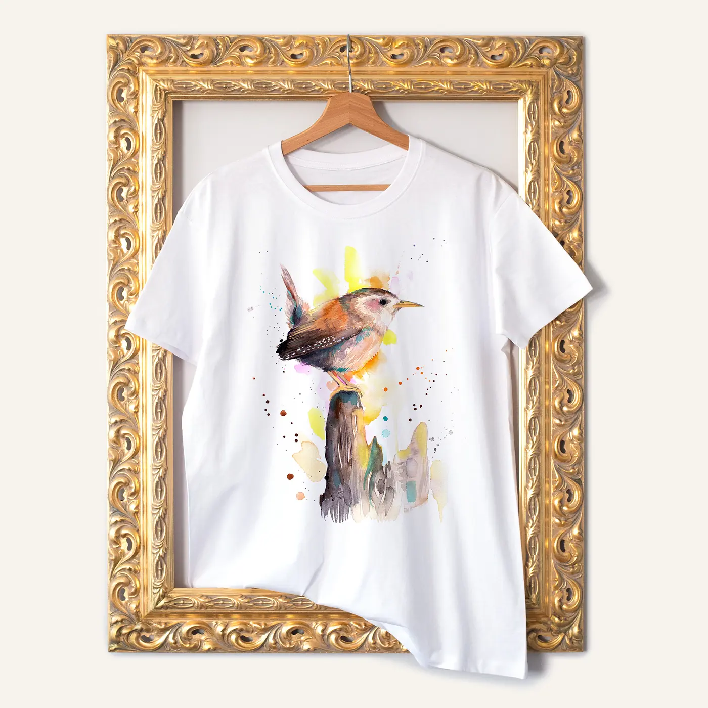 White t-shirt with a watercolour wren print