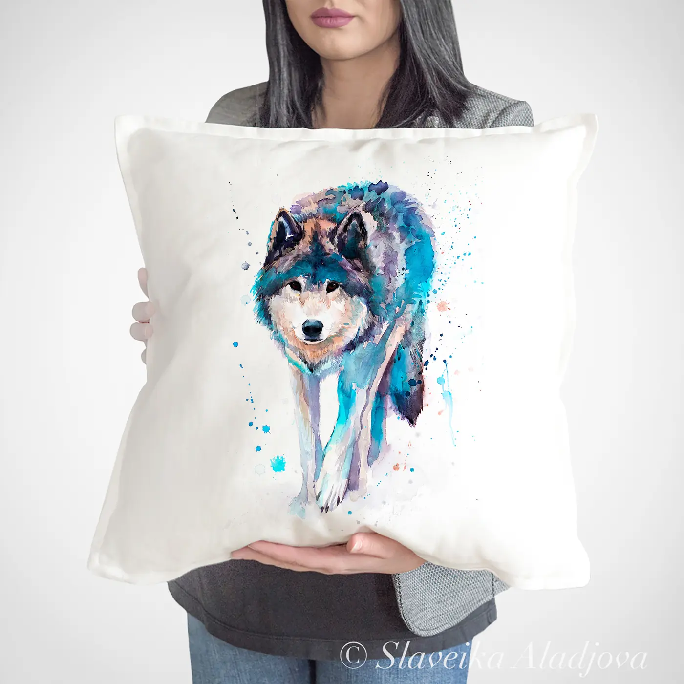 Cushion with a watercolour wolf print
