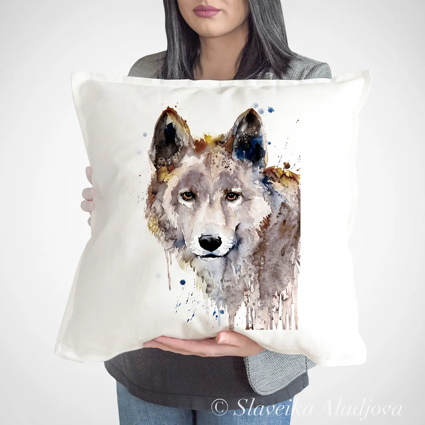 Cushion with a watercolour grey wolf print