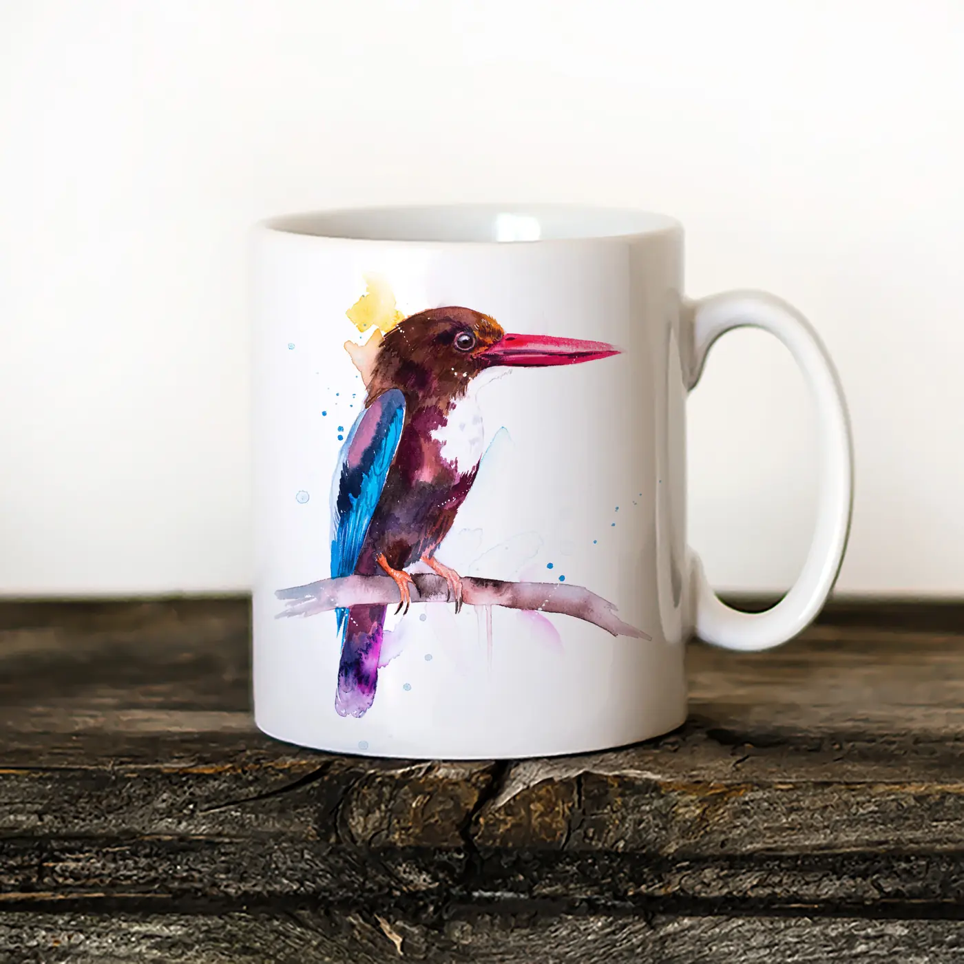Ceramic mug with a watercolour kingfisher print